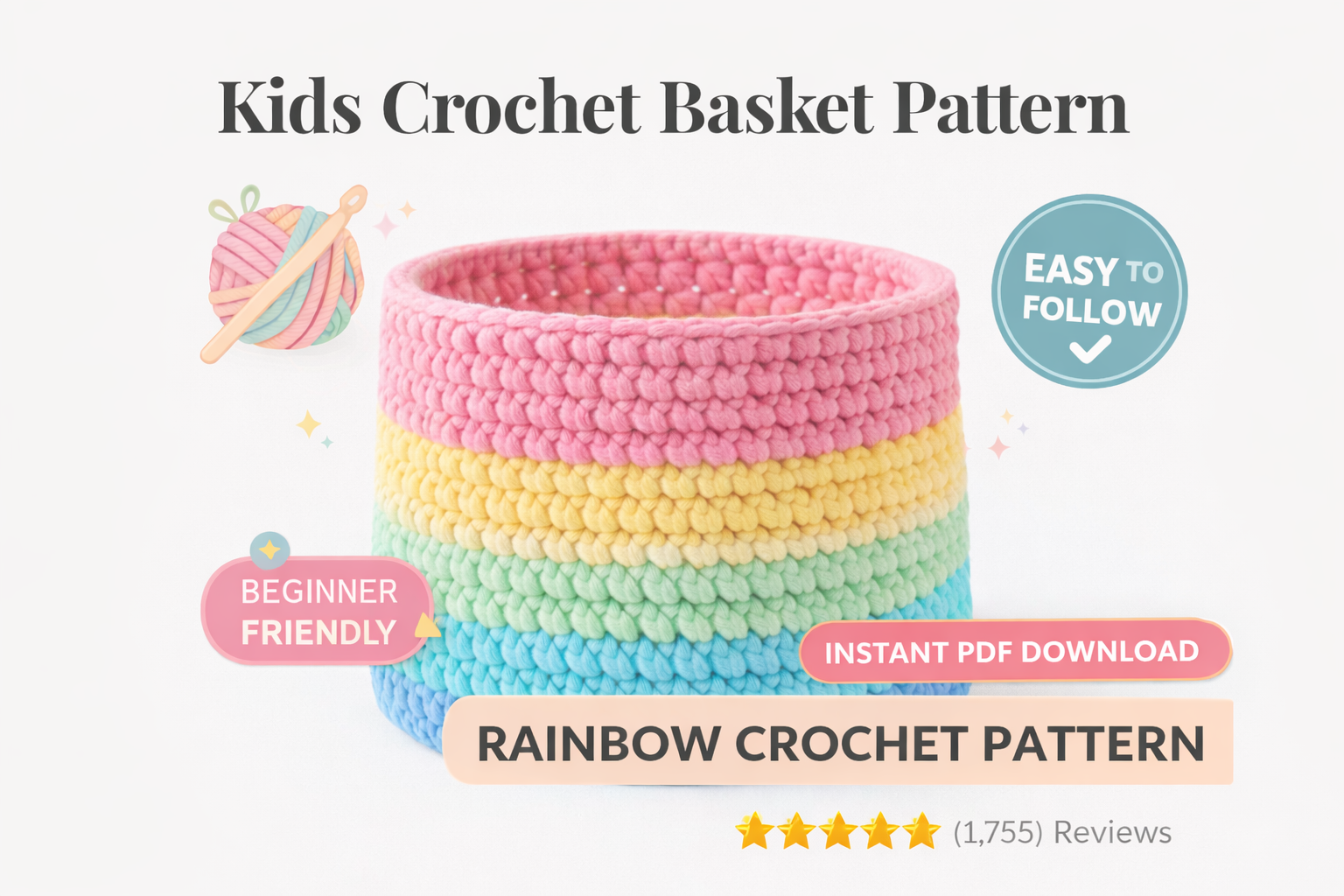 Kids Crochet Basket Pattern PDF, Rainbow Toy Storage Basket, Beginner Friendly Nursery Organizer, Instant Download - Image 2