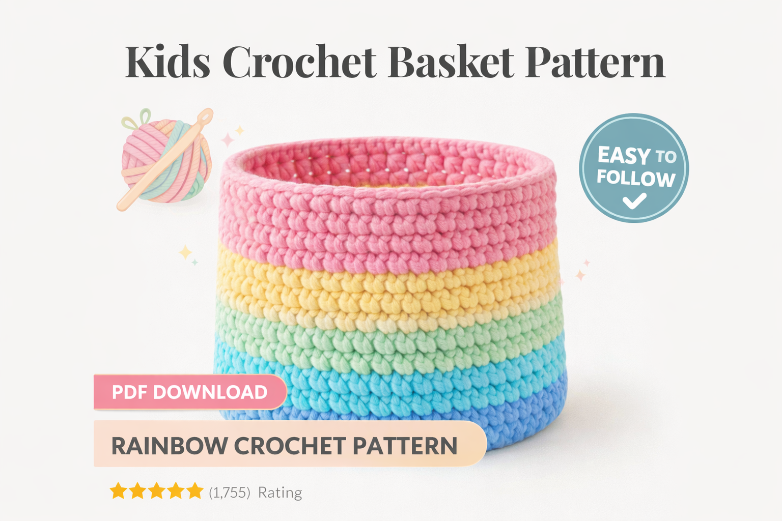 Kids Crochet Basket Pattern PDF, Rainbow Toy Storage Basket, Beginner Friendly Nursery Organizer, Instant Download - Image 3