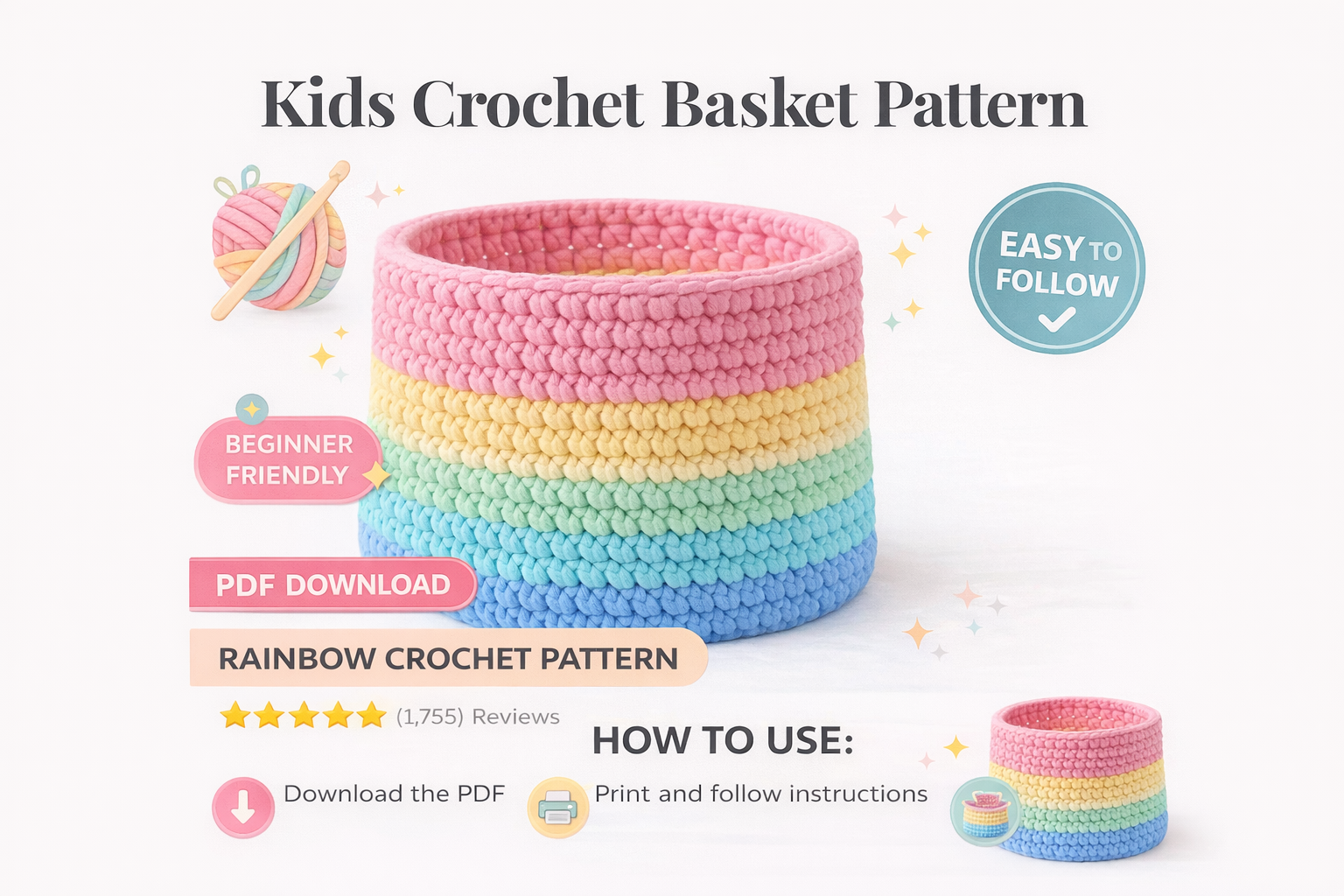 Kids Crochet Basket Pattern PDF, Rainbow Toy Storage Basket, Beginner Friendly Nursery Organizer, Instant Download - Image 4