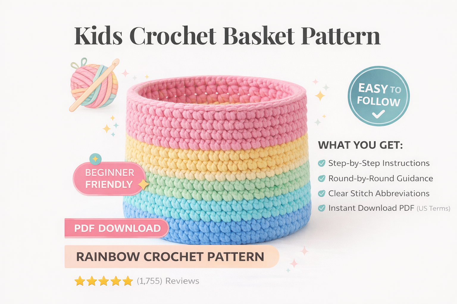 Kids Crochet Basket Pattern PDF, Rainbow Toy Storage Basket, Beginner Friendly Nursery Organizer, Instant Download - Image 5