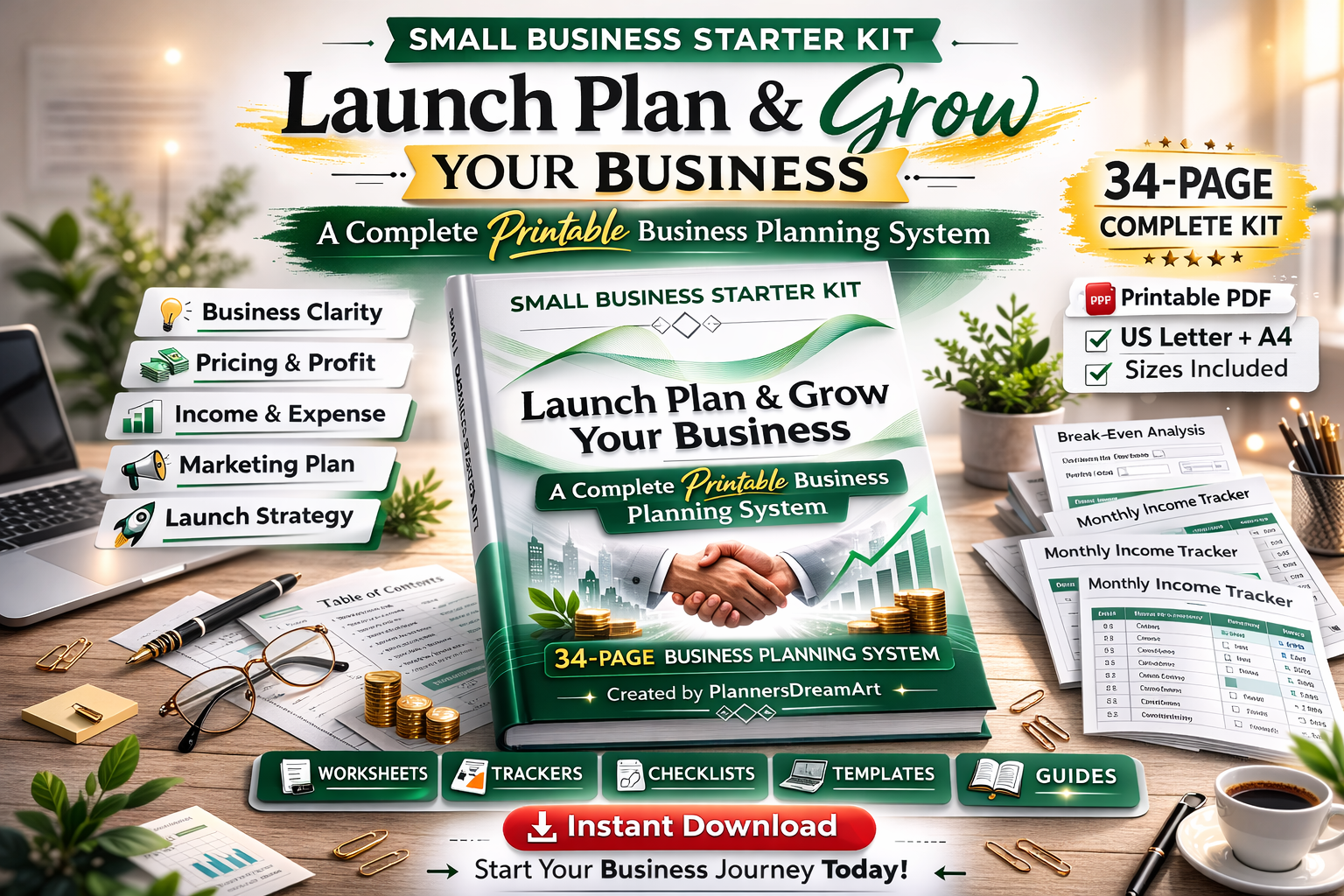 Small Business Starter Kit Printable PDF, Business Planner Bundle, Launch Checklist, Income Expense Tracker, A4 US Letter - Image 2