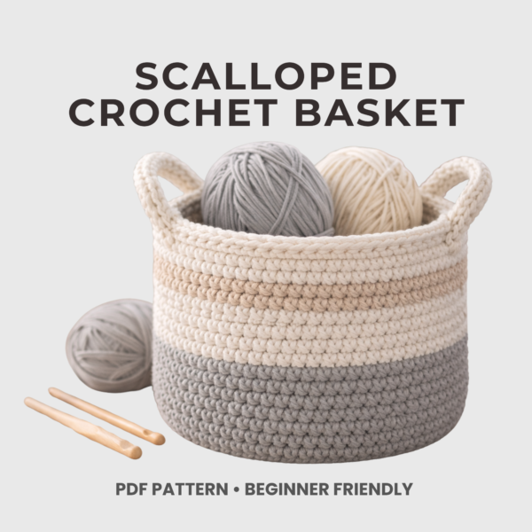 Scalloped crochet basket with yarn balls inside, modern handmade storage basket pattern for beginners