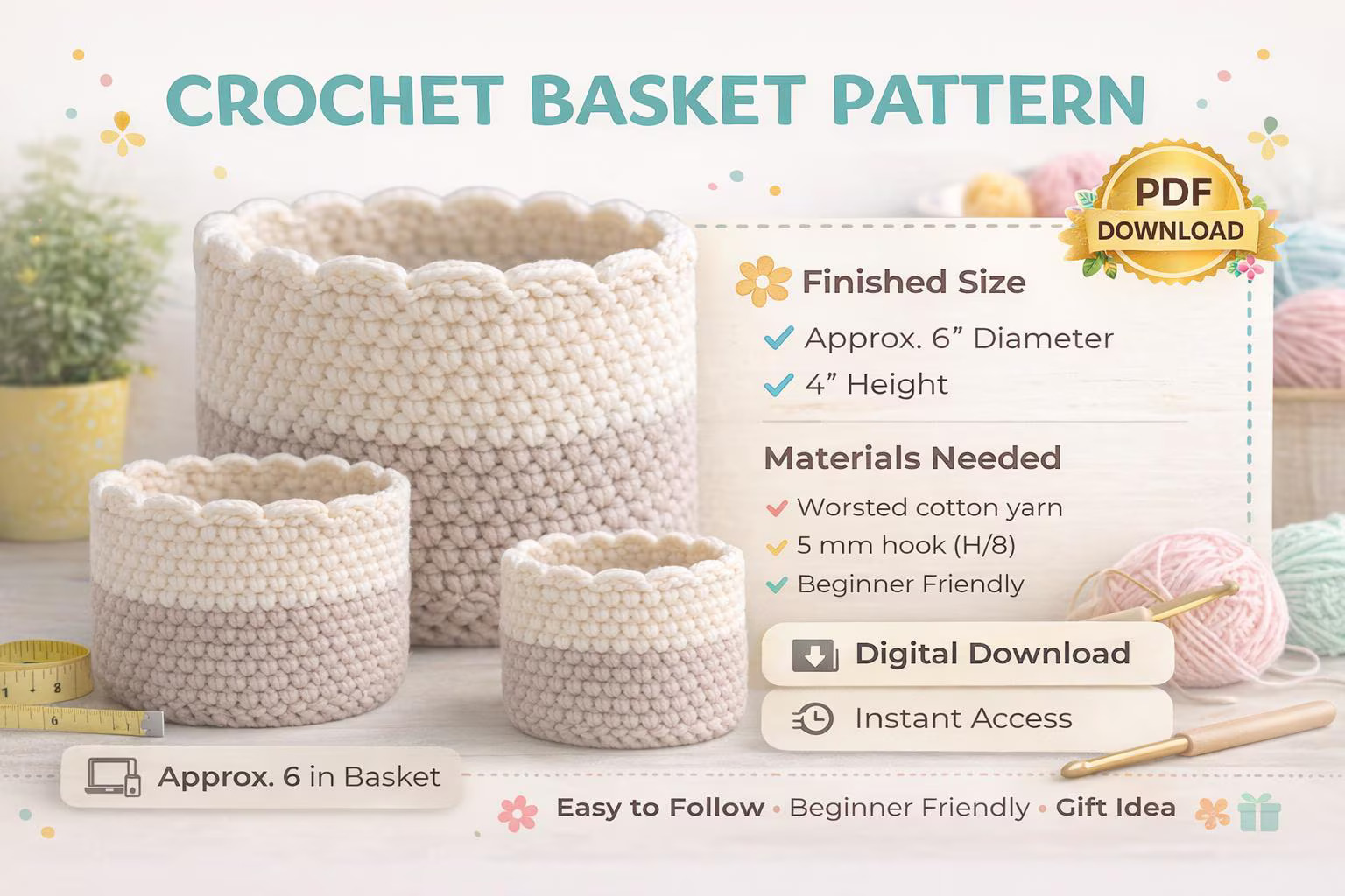 Scalloped Crochet Basket Pattern | Beginner Friendly Storage Organizer | Bulky Yarn DIY Tutorial, Rustic Basket Pattern - Image 3