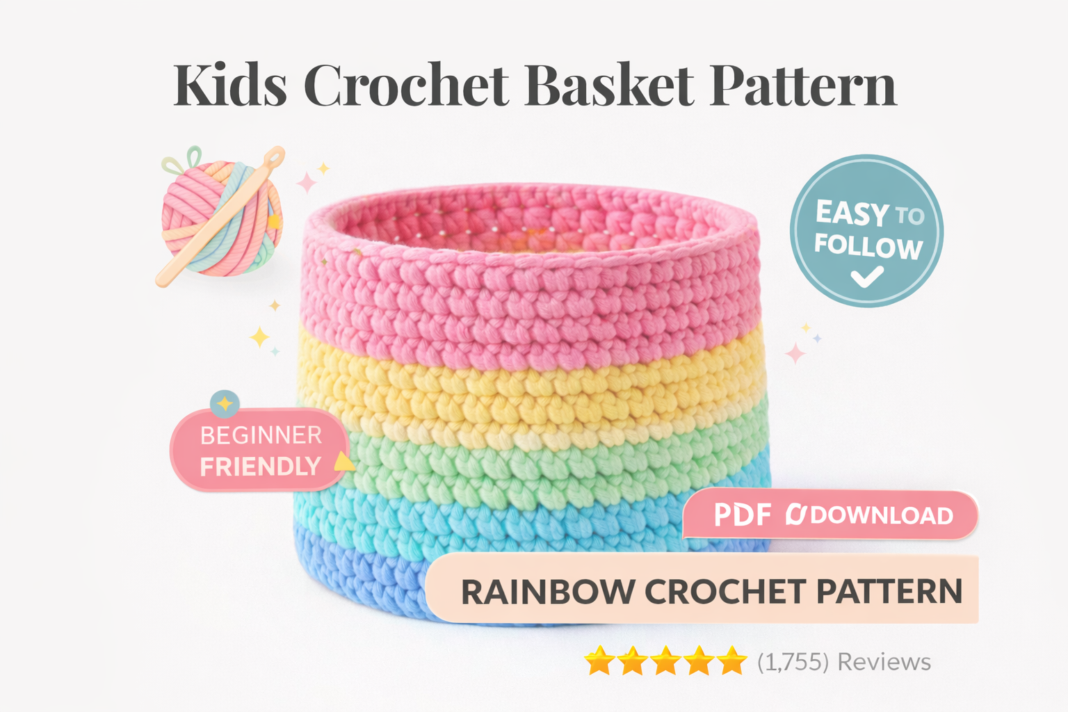 Kids Crochet Basket Pattern PDF, Rainbow Toy Storage Basket, Beginner Friendly Nursery Organizer, Instant Download - Image 6