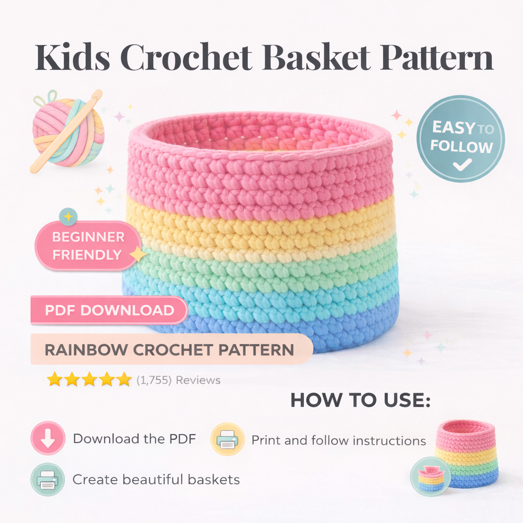 Kids Crochet Basket Pattern PDF, Rainbow Toy Storage Basket, Beginner Friendly Nursery Organizer, Instant Download