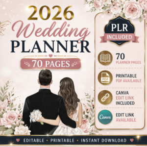 2026 Wedding Planner Printable – 70 Page Bridal Planner PDF, Editable Canva Template, PLR Wedding Organizer Instant Download