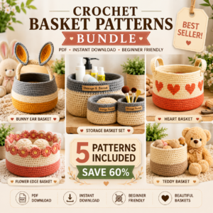 5 Crochet Basket Patterns Bundle β Bunny Ear, Heart, Flower & Storage Basket Crochet PDF Patterns for Beginners
