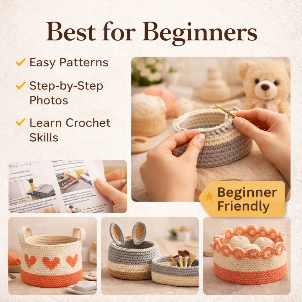 Beginner friendly crochet basket patterns perfect for learning crochet and making handmade storage baskets.