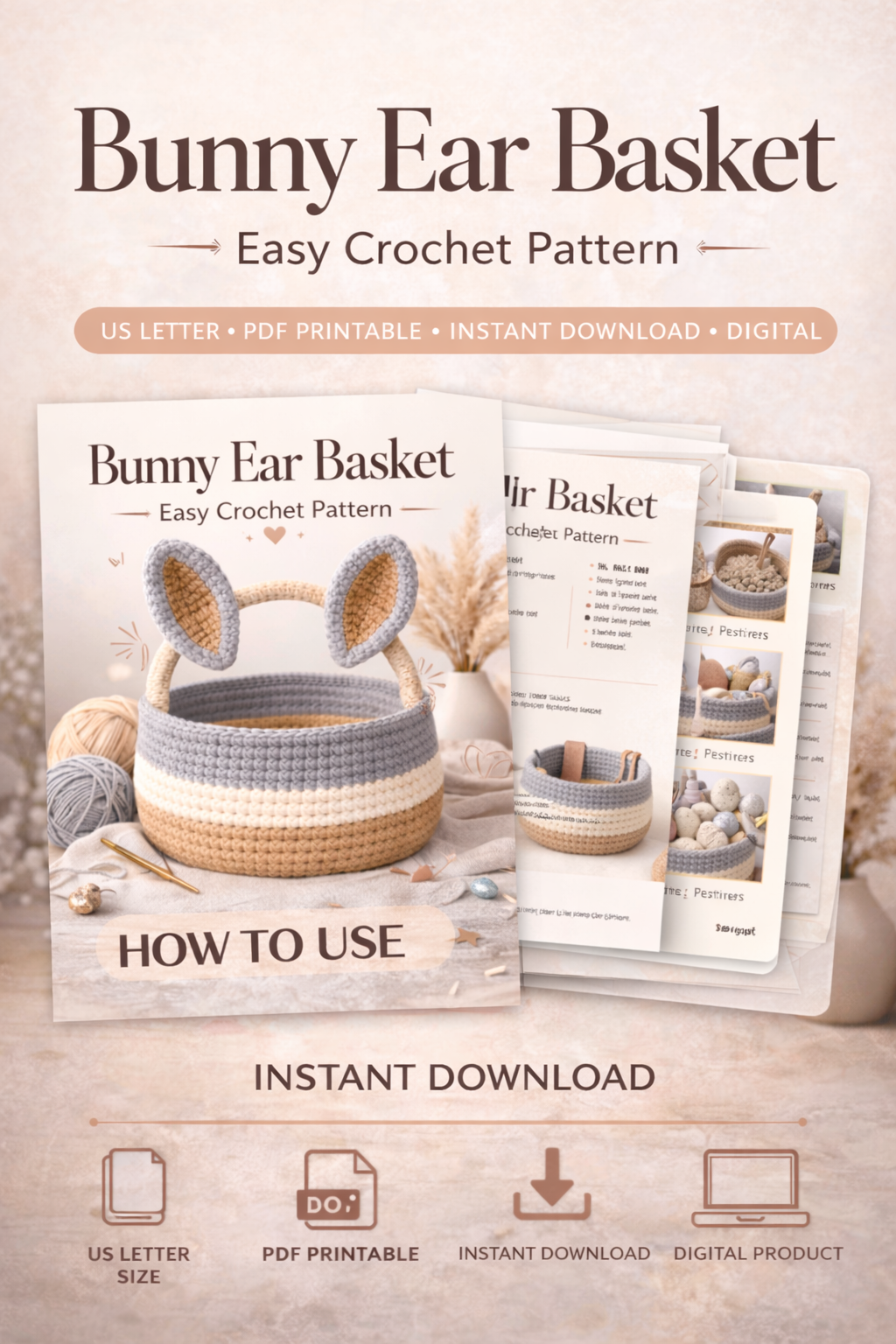 Crochet Bunny Ear Basket Pattern PDF – Easter Bunny Basket – Amigurumi Spring Décor – Beginner Friendly – Instant Download - Image 3