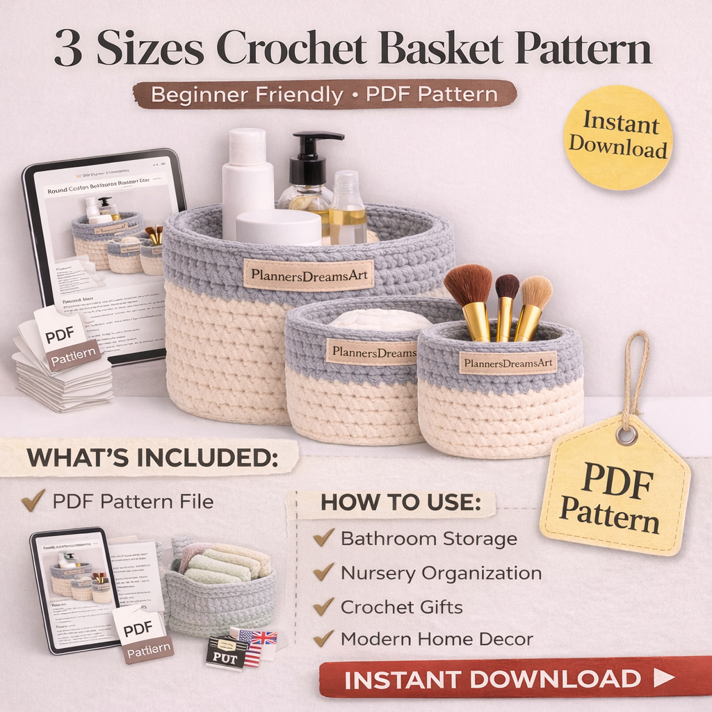 Crochet Bathroom Basket Pattern PDF – 3 Sizes Crochet Storage Basket Pattern | Beginner Friendly Crochet Organizer - Image 2