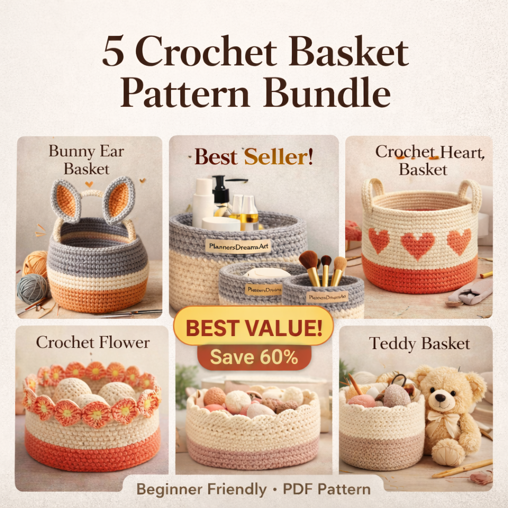 Crochet basket patterns bundle with five unique crochet basket designs for beginners including bunny ear basket heart basket flower basket and storage basket.