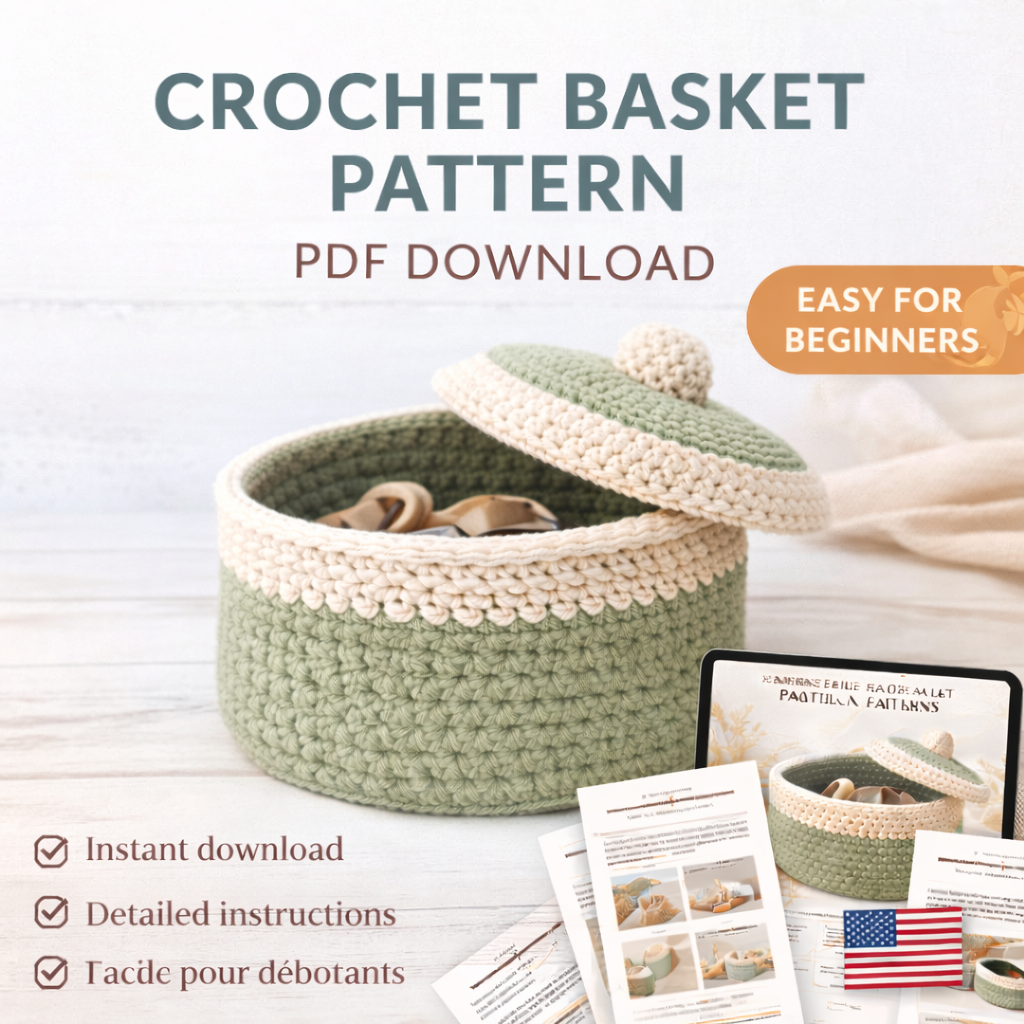Crochet Basket with Lid Pattern PDF, Panier Crochet avec Couvercle, French Crochet Pattern, Beginner Storage Basket Crochet Tutorial - Image 4