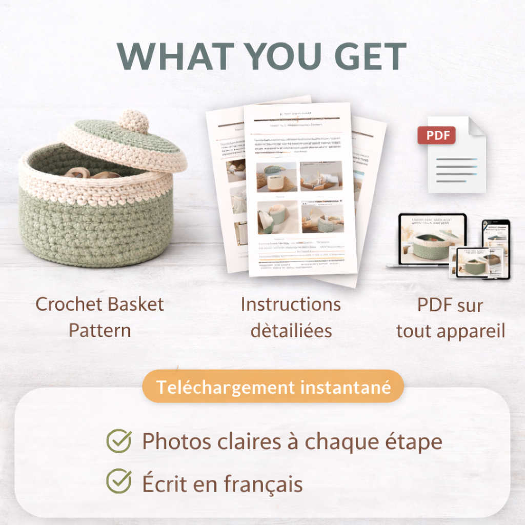 Crochet Basket with Lid Pattern PDF, Panier Crochet avec Couvercle, French Crochet Pattern, Beginner Storage Basket Crochet Tutorial - Image 3