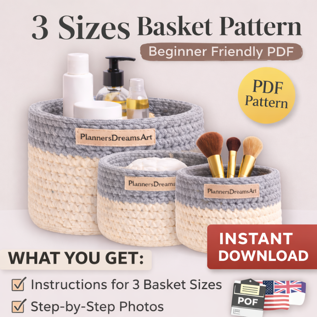 Crochet Bathroom Basket Pattern PDF – 3 Sizes Crochet Storage Basket Pattern | Beginner Friendly Crochet Organizer