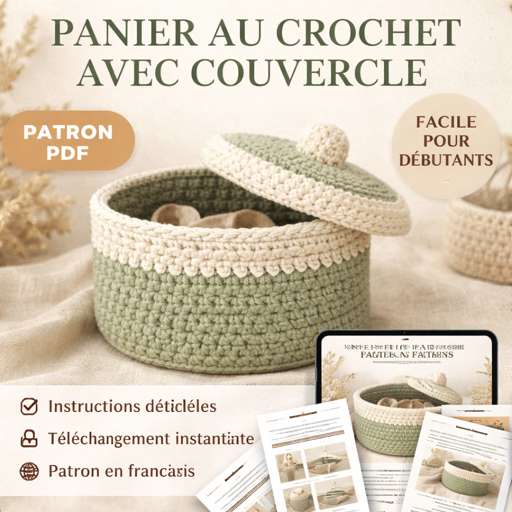 Crochet Basket with Lid Pattern PDF, Panier Crochet avec Couvercle, French Crochet Pattern, Beginner Storage Basket Crochet Tutorial - Image 5
