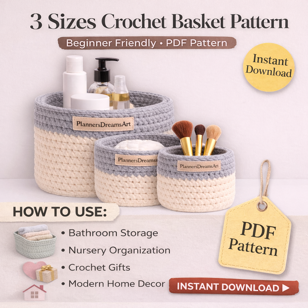 Crochet Bathroom Basket Pattern PDF – 3 Sizes Crochet Storage Basket Pattern | Beginner Friendly Crochet Organizer - Image 3
