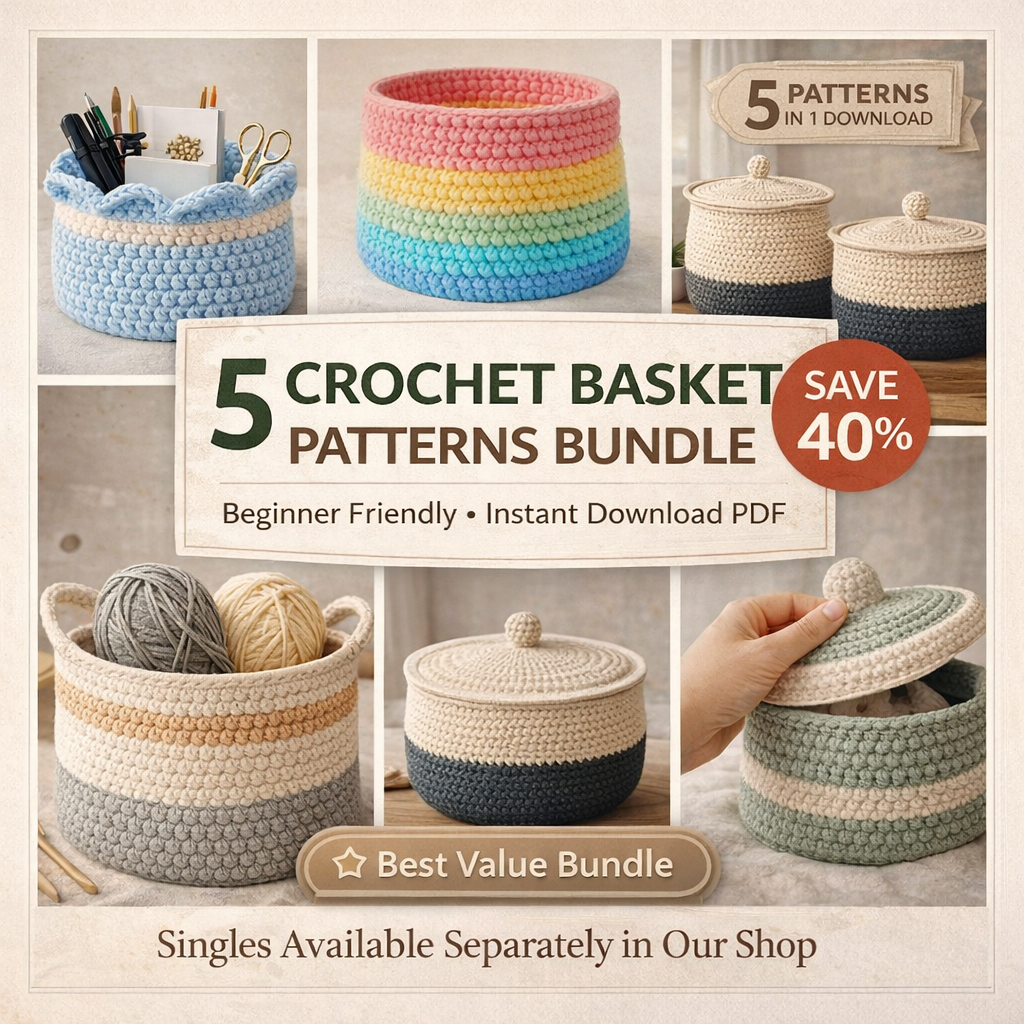 5 Crochet Basket Patterns Bundle – Printable PDF Crochet Basket Patterns Instant Download