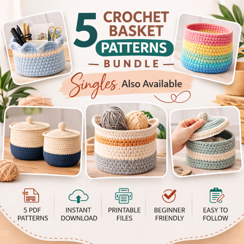 5 Crochet Basket Patterns Bundle – Printable PDF Crochet Basket Patterns Instant Download - Image 2