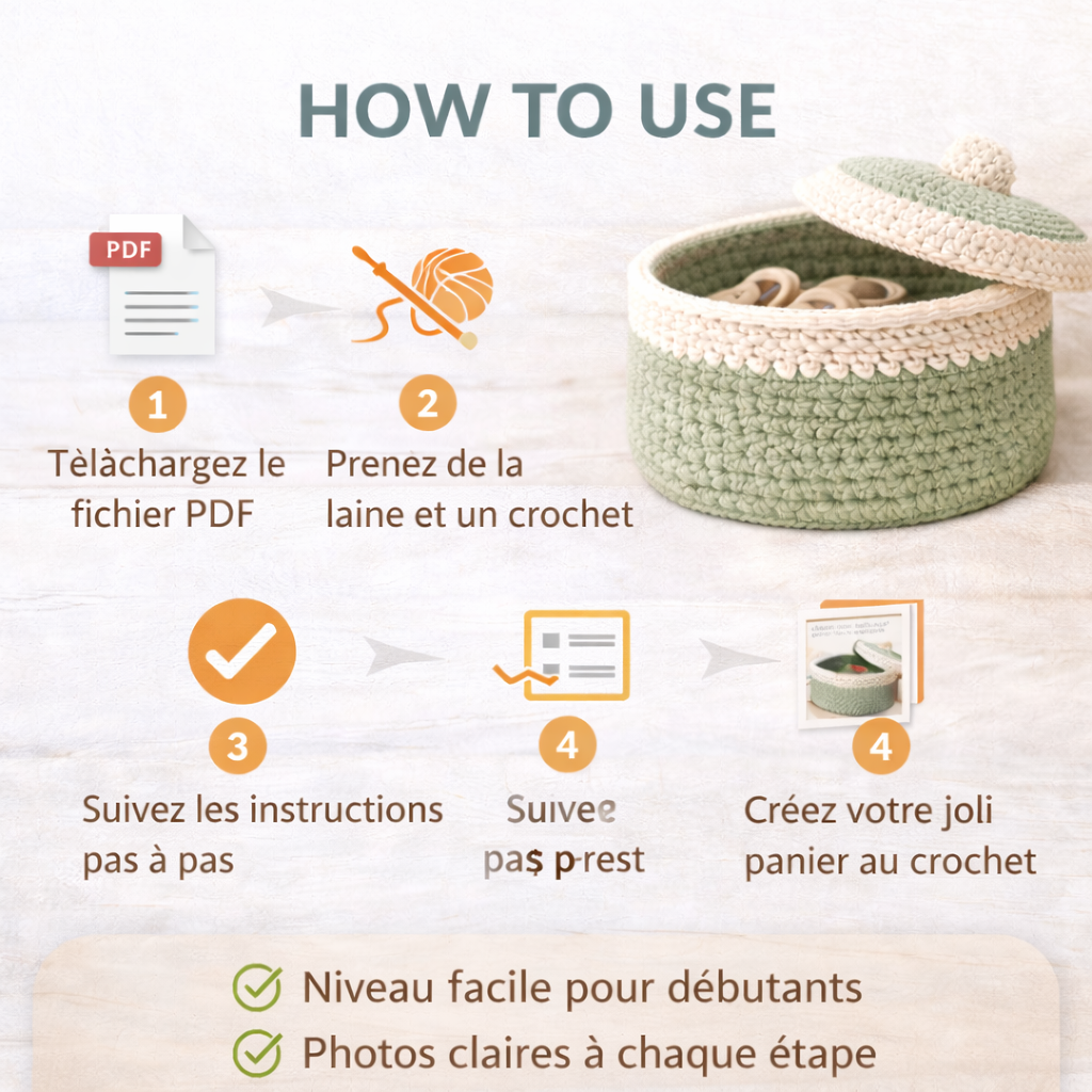 Crochet Basket with Lid Pattern PDF, Panier Crochet avec Couvercle, French Crochet Pattern, Beginner Storage Basket Crochet Tutorial - Image 2