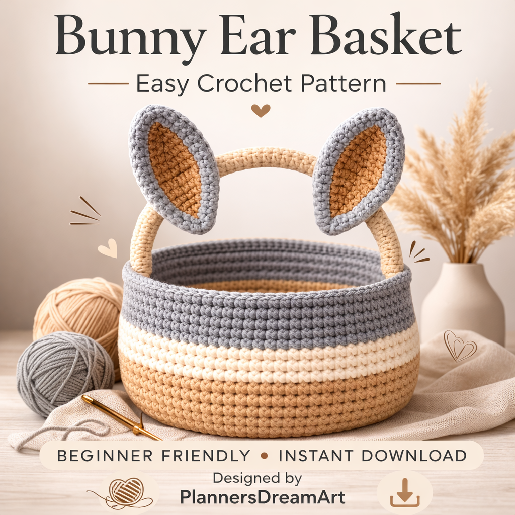 Crochet Bunny Ear Basket Pattern PDF – Easter Bunny Basket – Amigurumi Spring Décor – Beginner Friendly – Instant Download