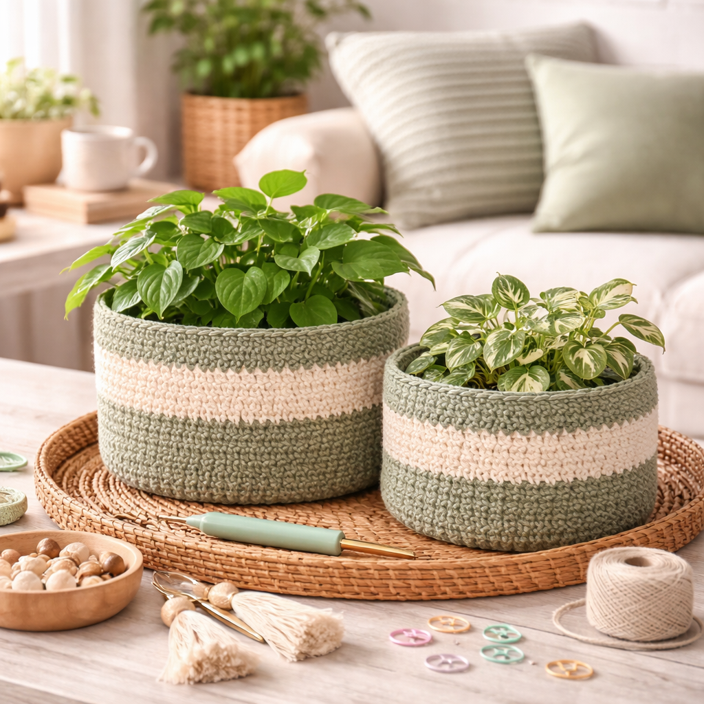 handmade crochet plant basket used as modern home decor plant pot cover with indoor plants