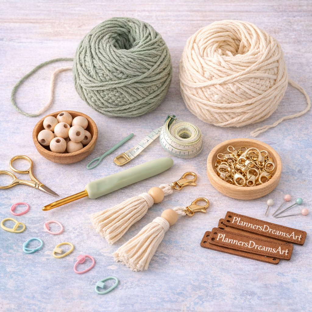 materials needed for crochet plant basket pattern including cotton yarn crochet hook scissors stitch marker and yarn needle