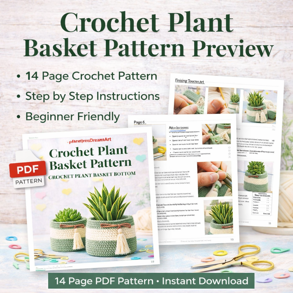 crochet plant basket pattern pdf preview showing step by step crochet instructions and tutorial pages