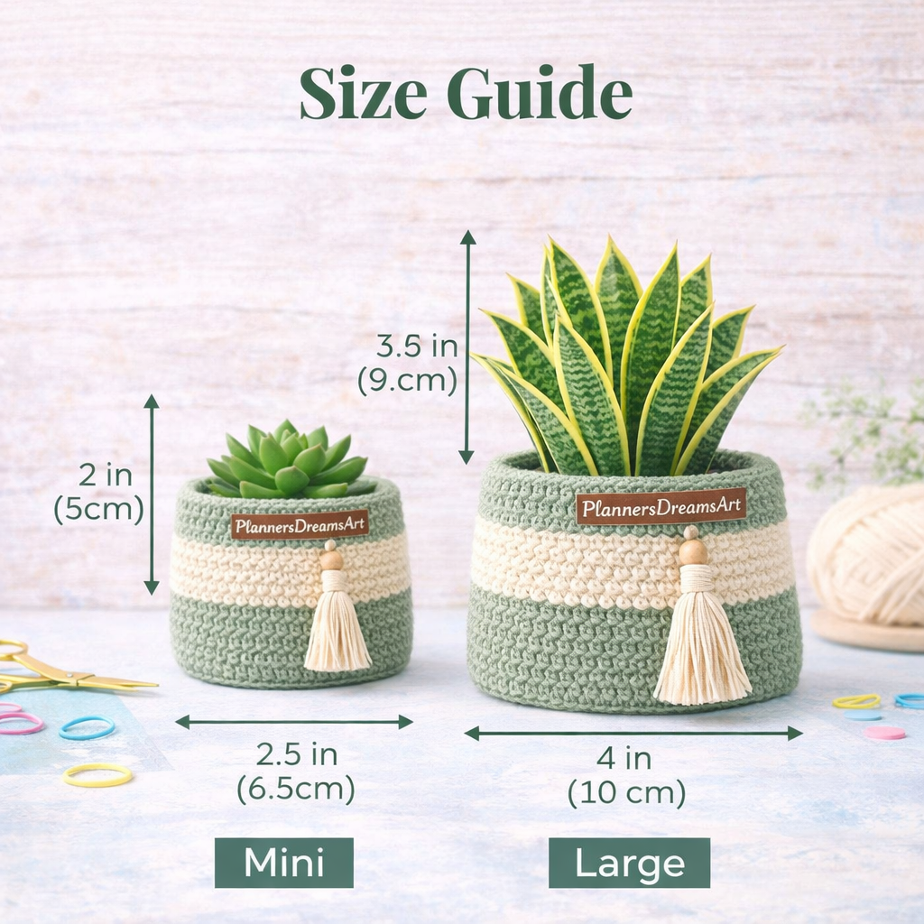 crochet plant basket size guide showing small and medium crochet basket sizes for plant pot covers