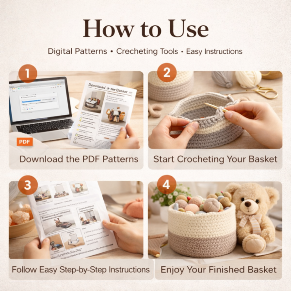 How to use crochet basket pattern bundle step by step showing PDF download and crochet basket making process.