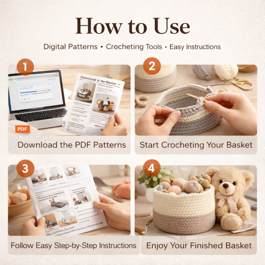 How to use crochet basket pattern bundle step by step showing PDF download and crochet basket making process.