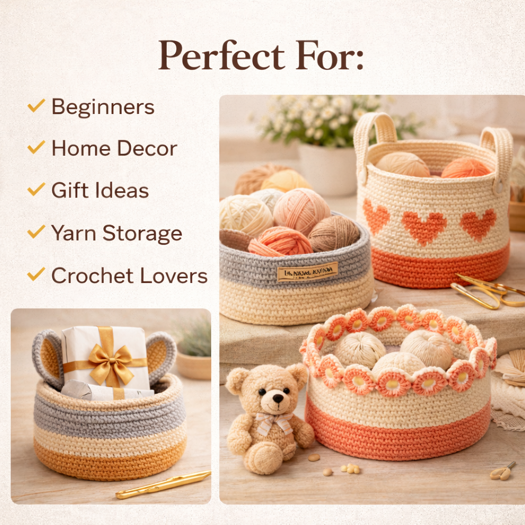 Crochet basket patterns bundle perfect for home organization yarn storage crochet decor and handmade gifts.