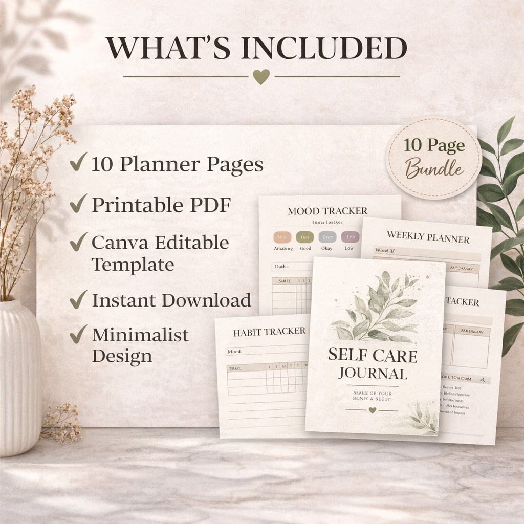 Self Care Journal Features, 10 Planner Pages, Printable PDF, Canva Editable Template, Instant Download