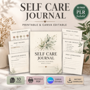 Self Care Journal Printable PLR, 10 Page Mental Health Planner, Canva Editable Journal Template
