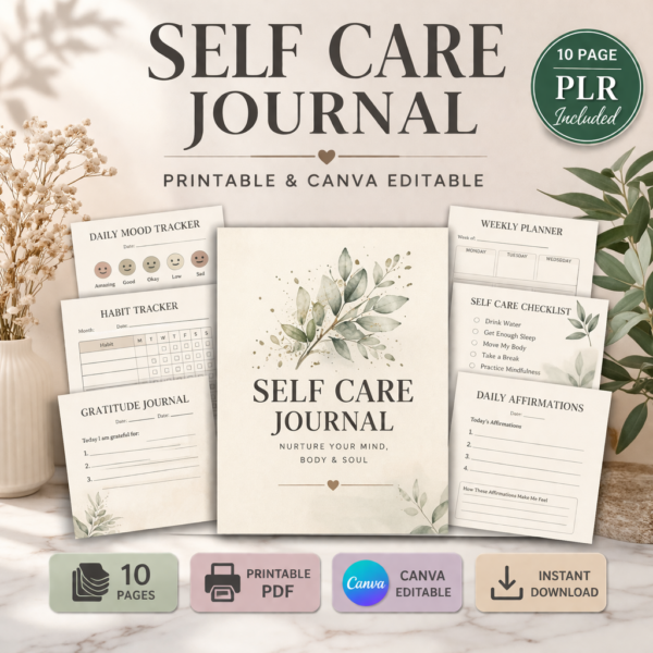 Self Care Journal Printable PLR, 10 Page Mental Health Planner, Canva Editable Journal Template