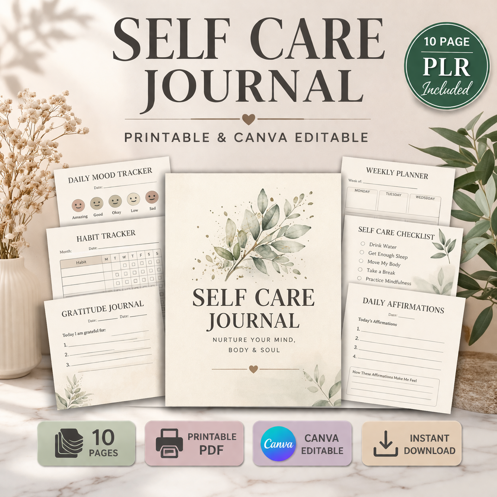 Self Care Journal Printable PLR, 10 Page Mental Health Planner, Canva Editable Journal Template