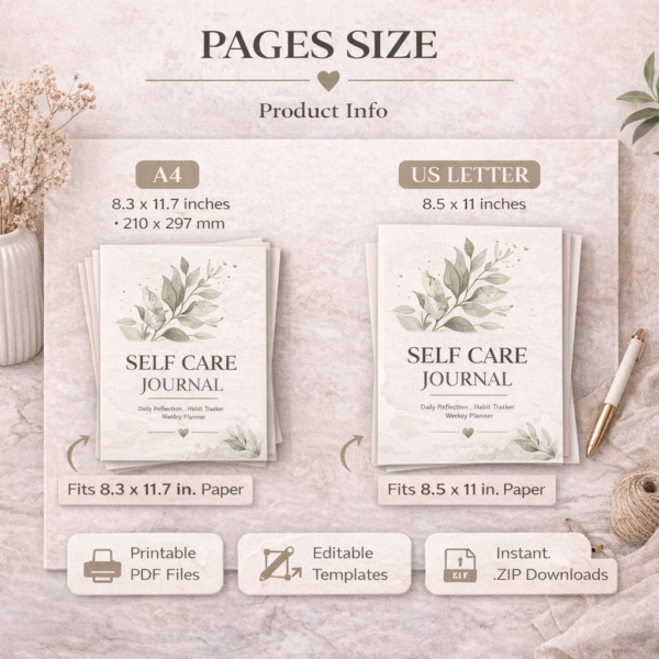 Self Care Journal Product Details, 10 Pages, US Letter Size Printable Planner, Canva Editable Template