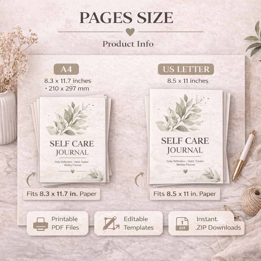 Self Care Journal Product Details, 10 Pages, US Letter Size Printable Planner, Canva Editable Template