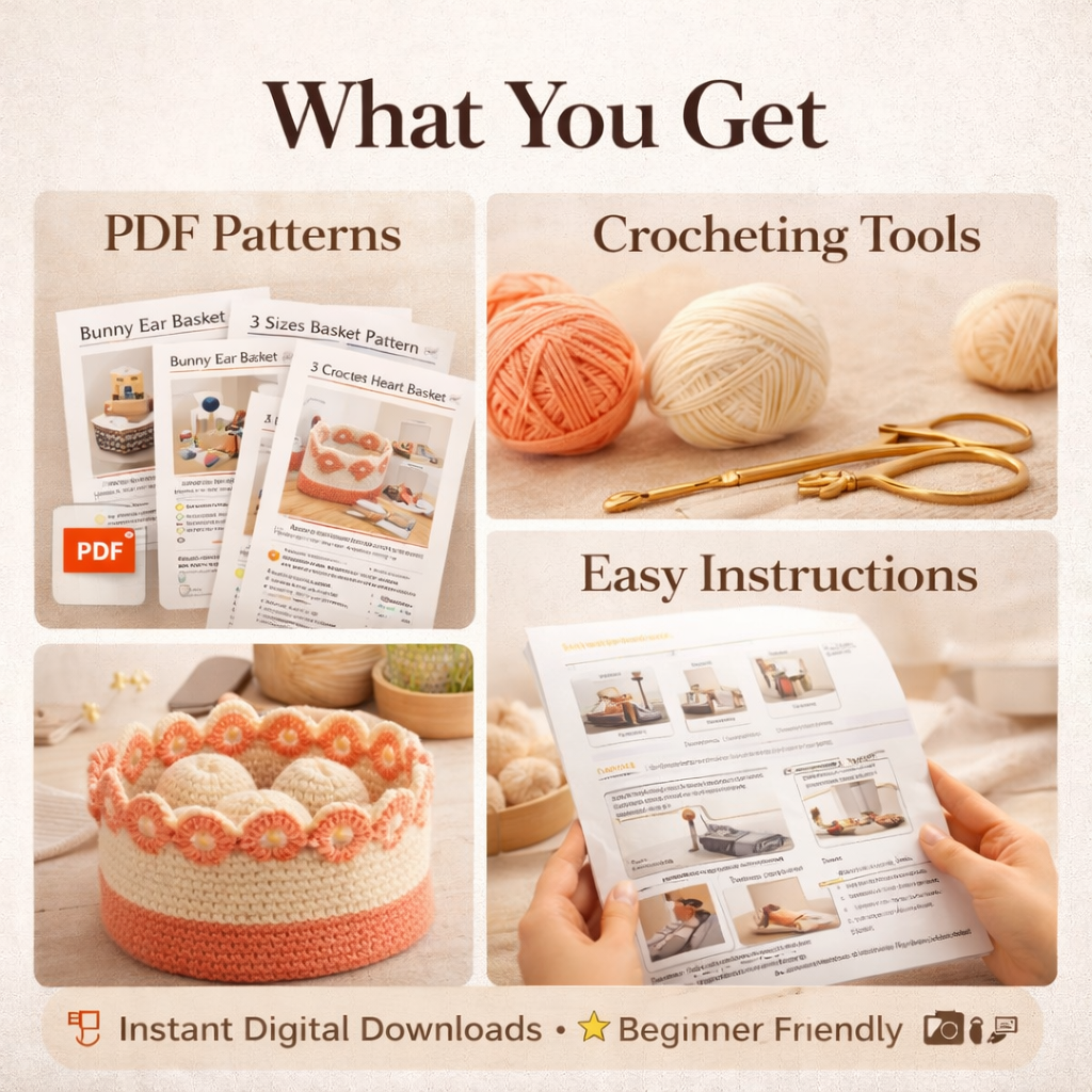 What you get in crochet basket patterns bundle including five crochet PDF patterns and instant digital download files.