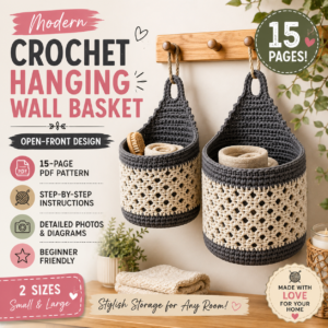 Modern Crochet Hanging Basket Pattern PDF, Wall Storage Organizer, Beginner Friendly Crochet Tutorial, 2 Sizes Basket, DIY Home Decor Pattern