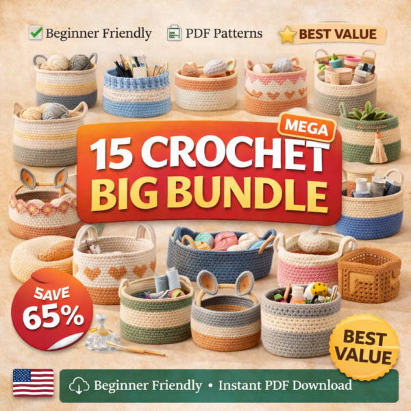cute teddy bear surrounded by colorful crochet baskets promoting 15 crochet basket patterns bundle