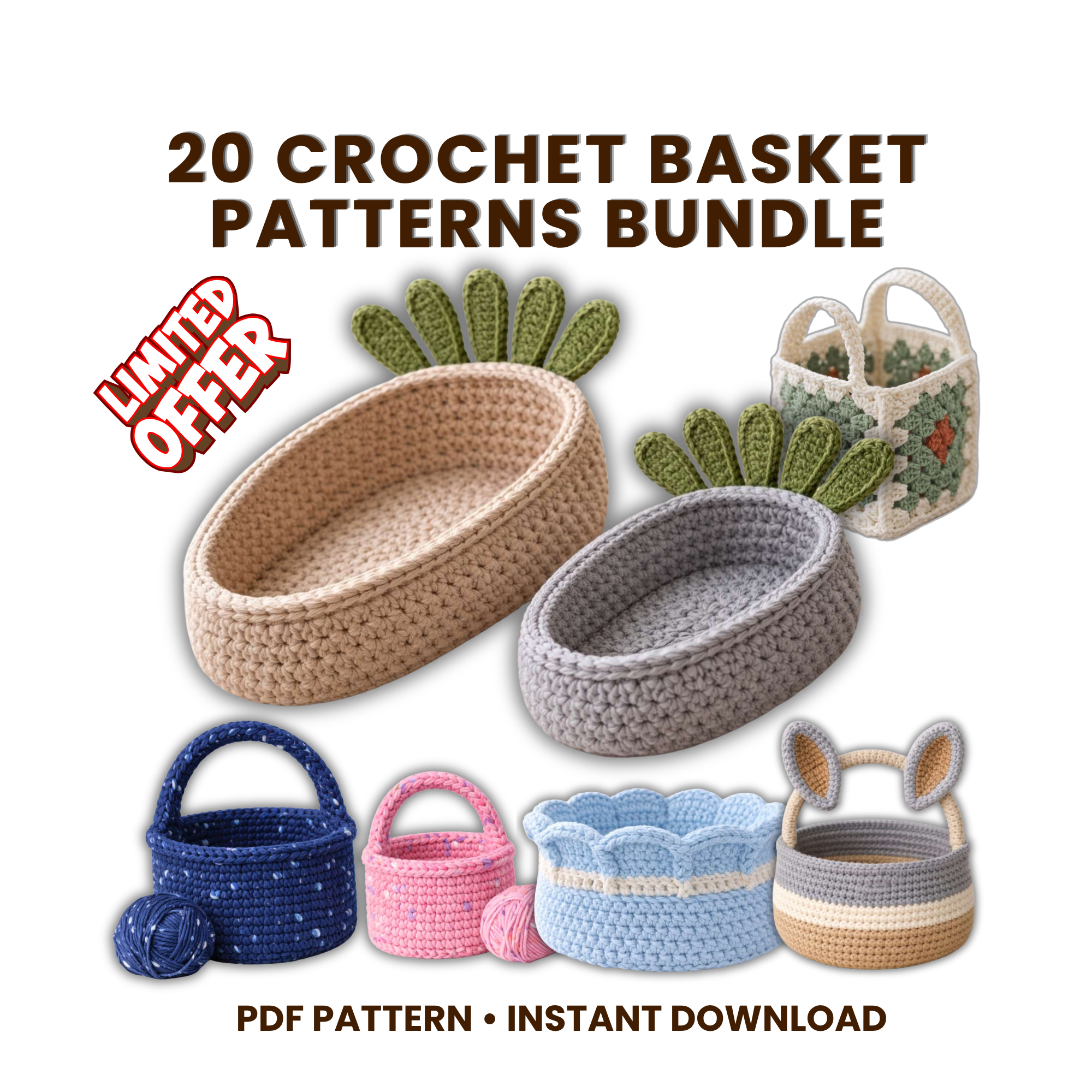 20 crochet basket patterns bundle preview showing handmade storage baskets for home decor DIY PDF download