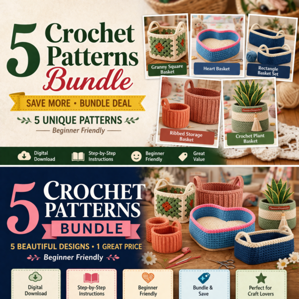 5 crochet basket patterns bundle digital download, handmade storage basket crochet patterns PDF for beginners