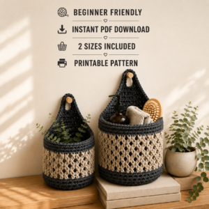 Modern Crochet Hanging Basket Pattern PDF, Wall Storage Organizer, Beginner Friendly Crochet Tutorial, 2 Sizes Basket, DIY Home Decor Pattern