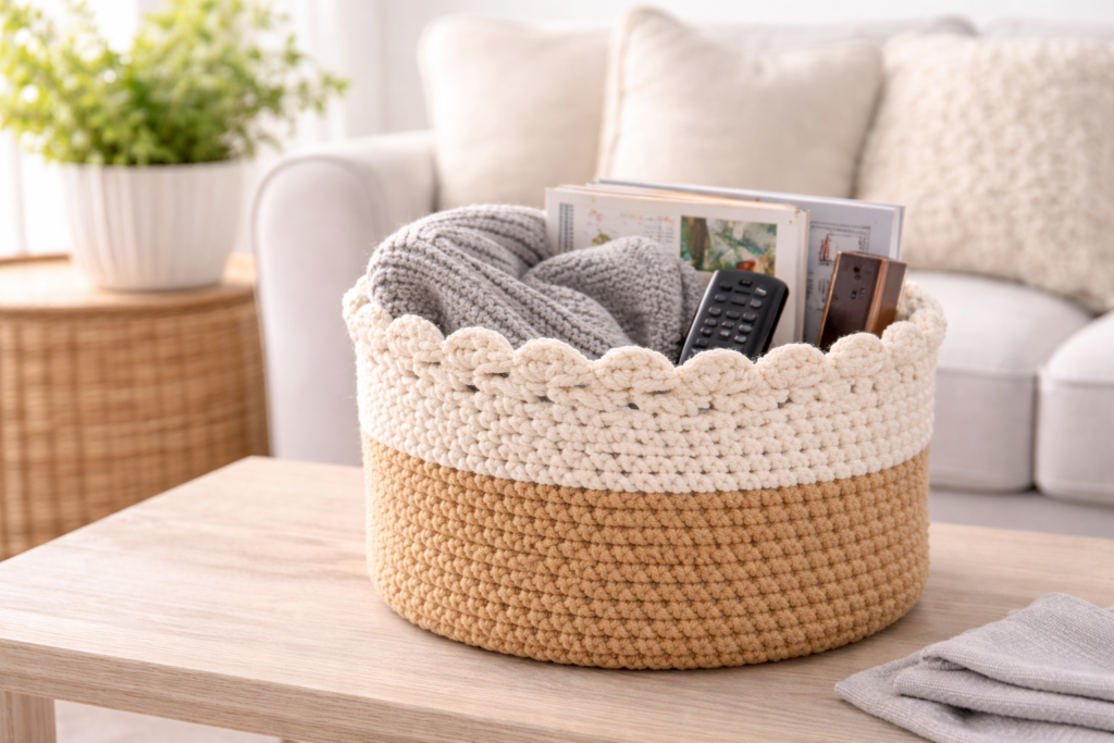 crochet basket living room storage for blankets and magazines