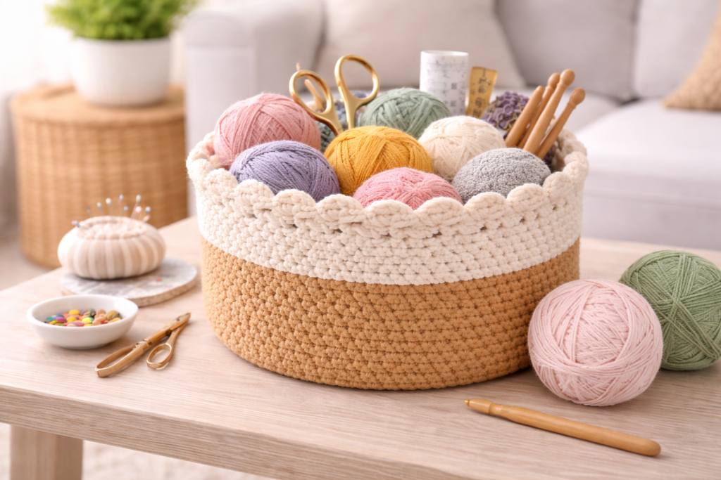 crochet basket for yarn and craft supplies storage