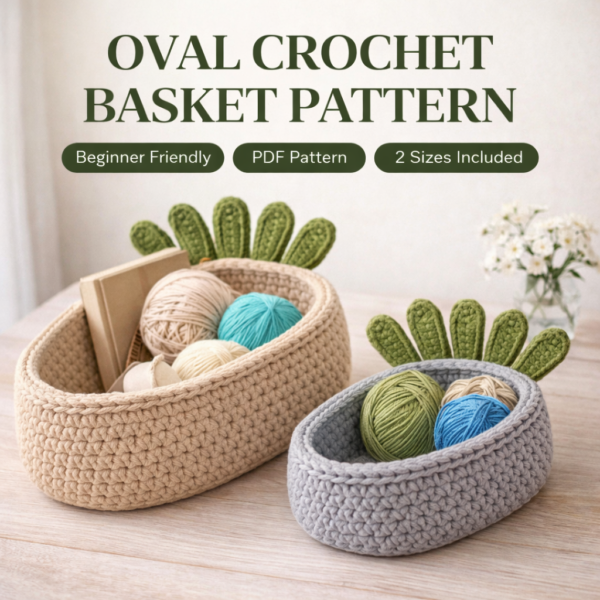 Oval crochet basket pattern with leaf detail, handmade storage baskets in two sizes, beige and grey crochet baskets for home decor
