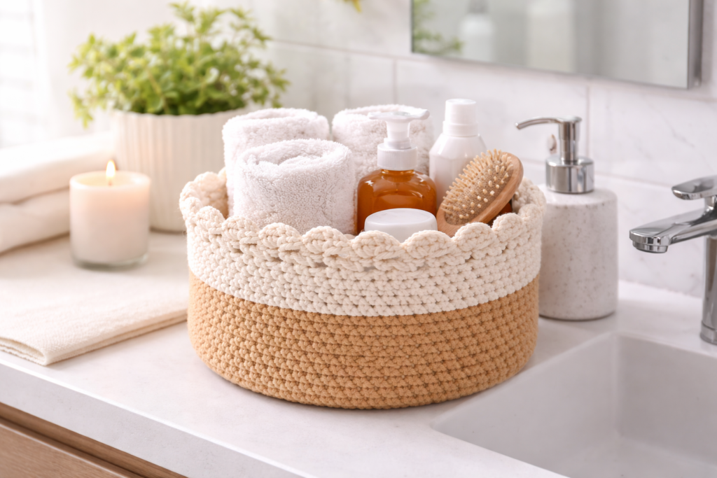 crochet basket bathroom organization for towels and toiletries
