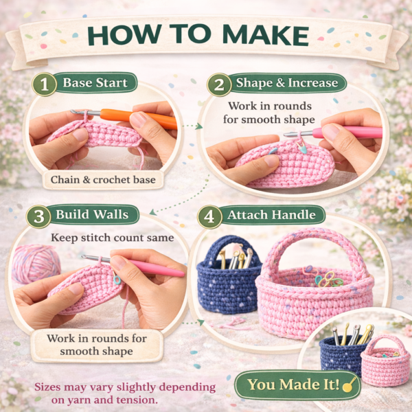 crochet basket step by step process showing base, shaping, walls and handle making