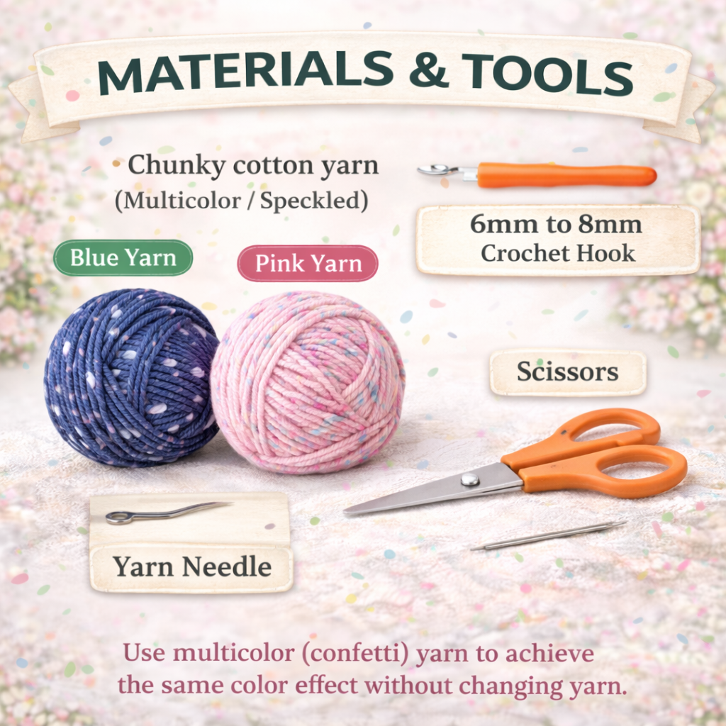 crochet basket materials and tools including yarn, crochet hook, scissors and needle