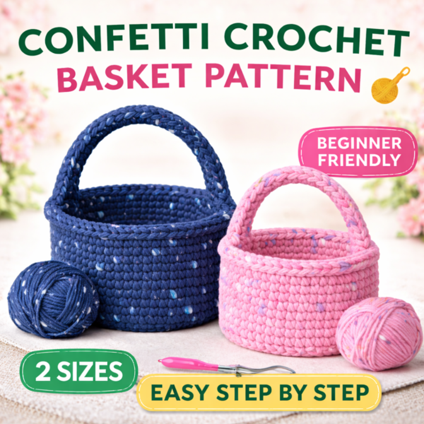 confetti crochet basket pattern, blue large basket and pink small basket, beginner crochet storage basket with handle